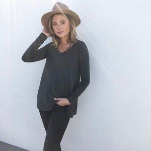 Olive Green Bamboo V Neck Long Sleeve Top